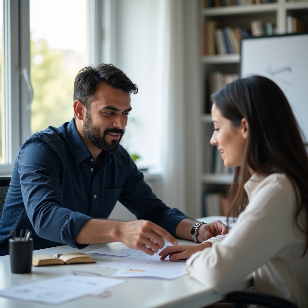 An educator explaining real estate concepts to a student in a professional setting