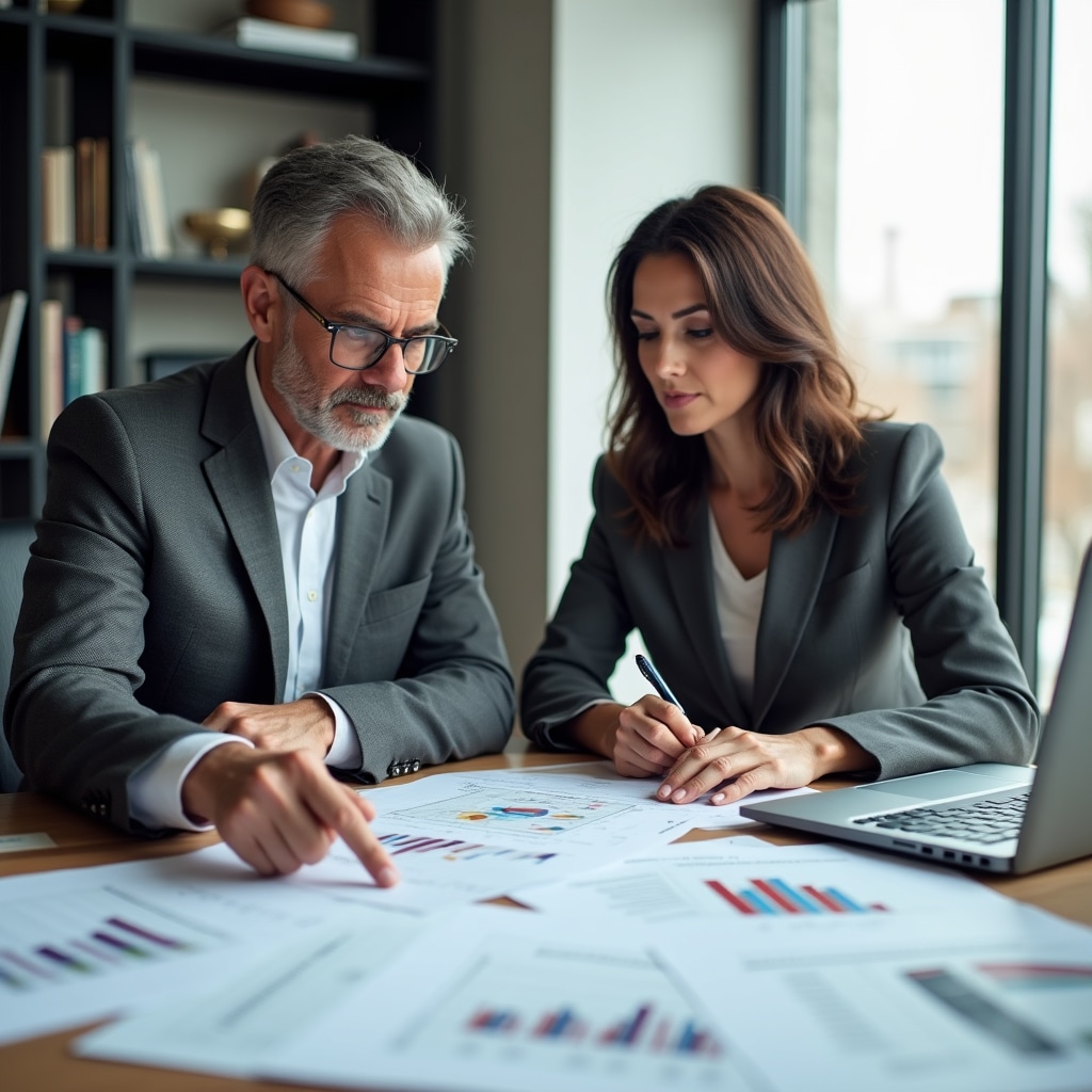 Dos profesionales revisando materiales educativos en un escritorio en una oficina bien iluminada