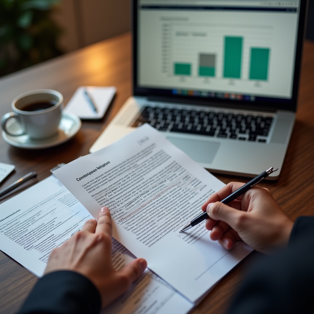 Profesional analizando documentos de real estate en un escritorio moderno